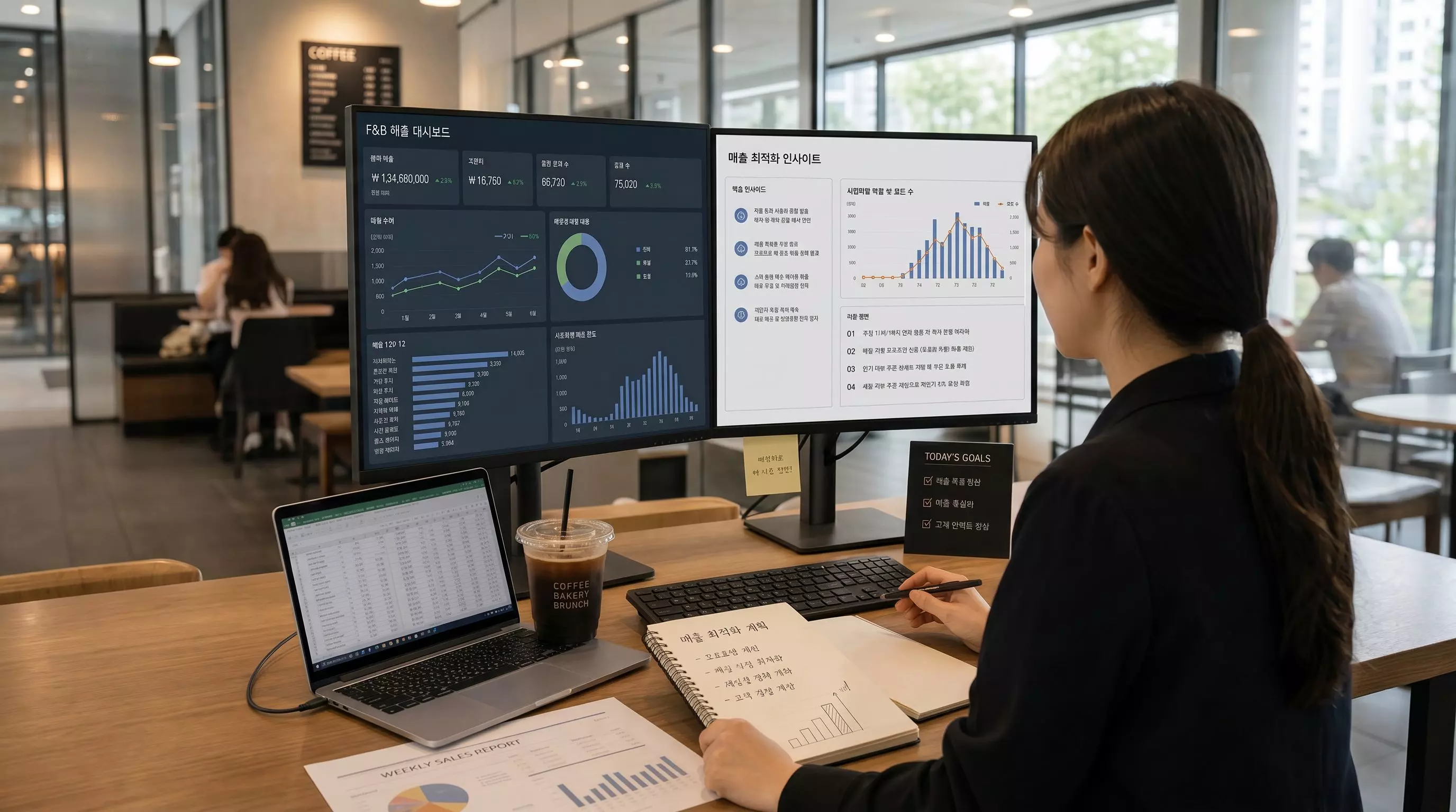 A professional analyzing F&B demand forecasting charts and optimization insights on dual monitors inside a café to establish waste reduction strategies.