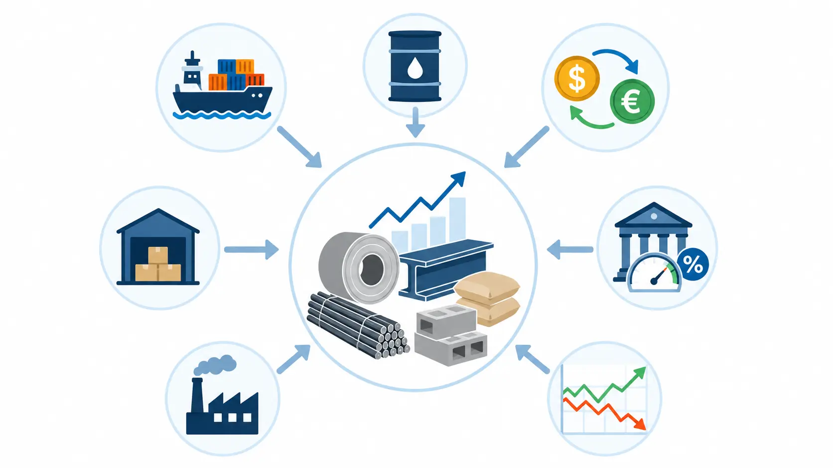 A relationship diagram infographic illustrating the impact of various macroeconomic variables—such as logistics, oil prices, exchange rates, and interest rates—on construction raw material price forecasting.