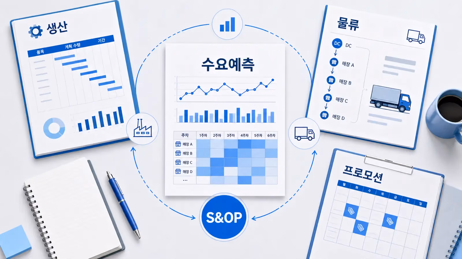 생산, 물류, 프로모션, S&OP 계획 문서가 중앙의 분석 리포트와 연결된 프랜차이즈 수요예측 기반 통합 공급망 관리 다이어그램