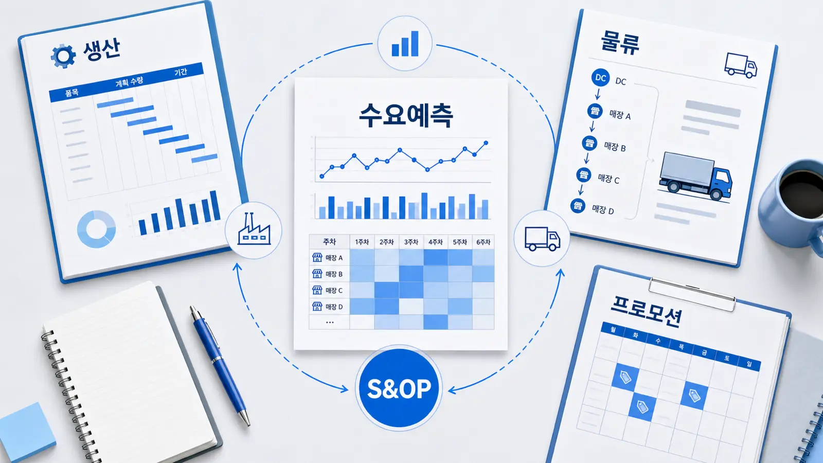 생산, 물류, 프로모션, S&OP 계획 문서가 중앙의 분석 리포트와 연결된 프랜차이즈 수요예측 기반 통합 공급망 관리 다이어그램