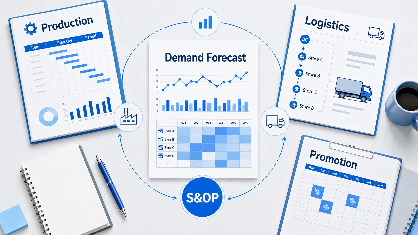 An integrated supply chain management diagram linking production, logistics, promotion, and S&OP documents for franchise demand forecasting.