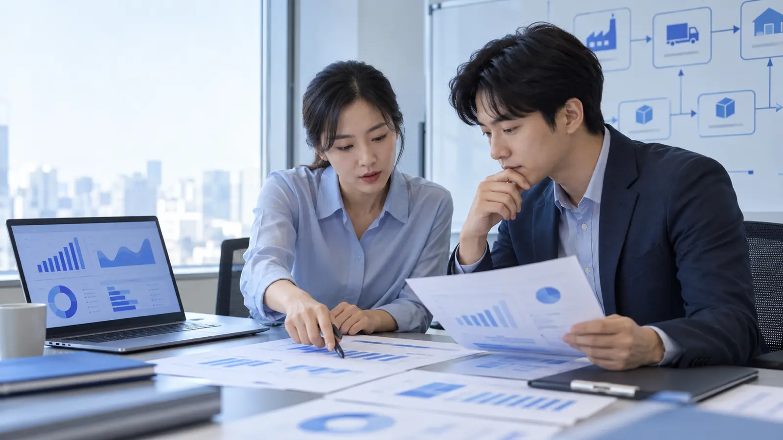 Professionals reviewing laptop and report charts to discuss the optimal AI demand forecasting solution.