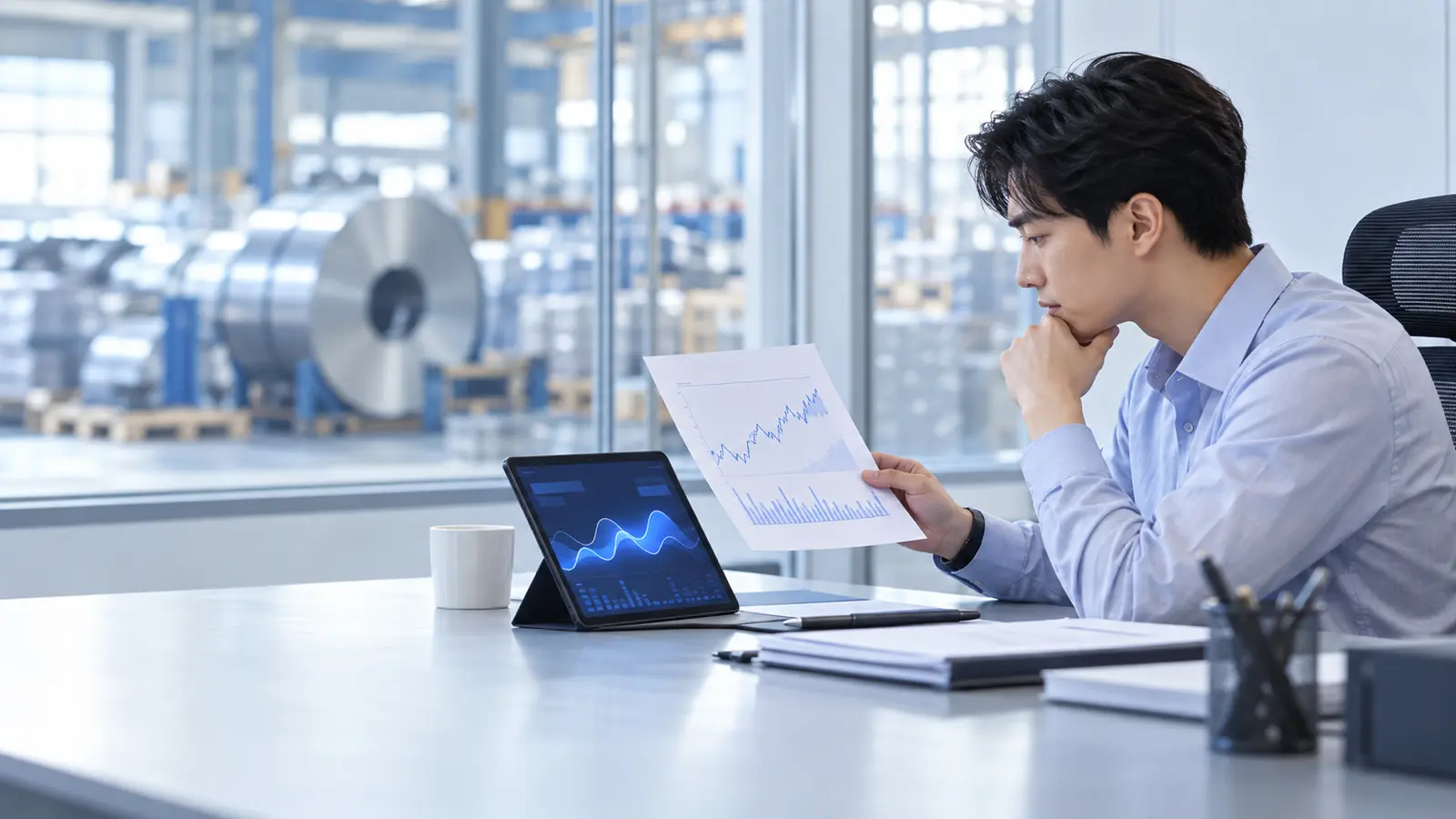A professional analyzing the impact of an AI demand forecasting solution while reviewing tablet data charts in an office setting.