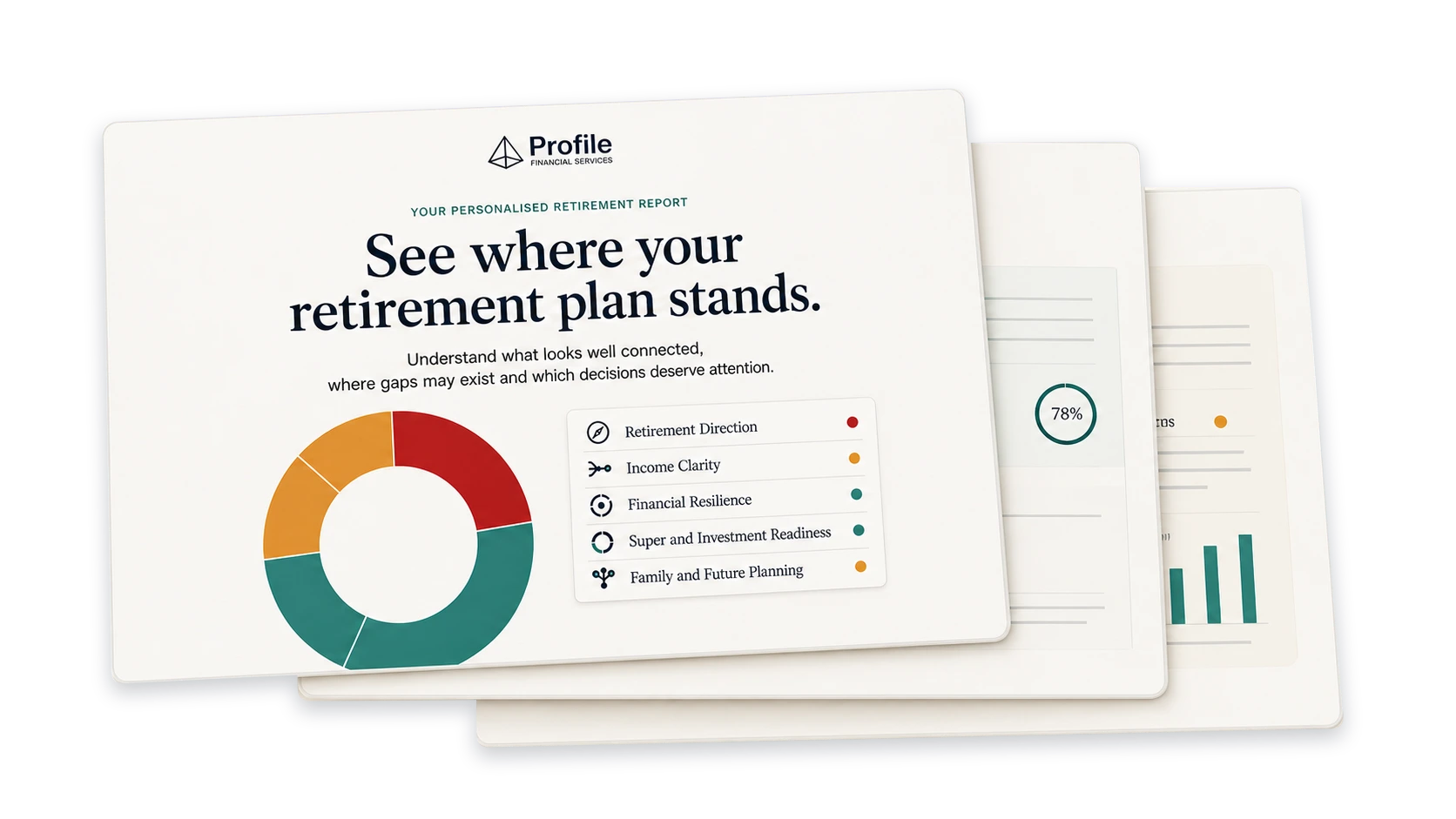 Stack of financial report pages showing a retirement plan summary with a color-coded donut chart.