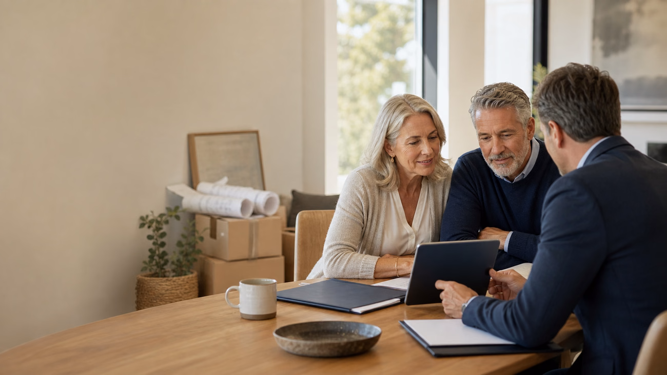 A couple reviewing retirement and downsizer contribution options with their financial adviser