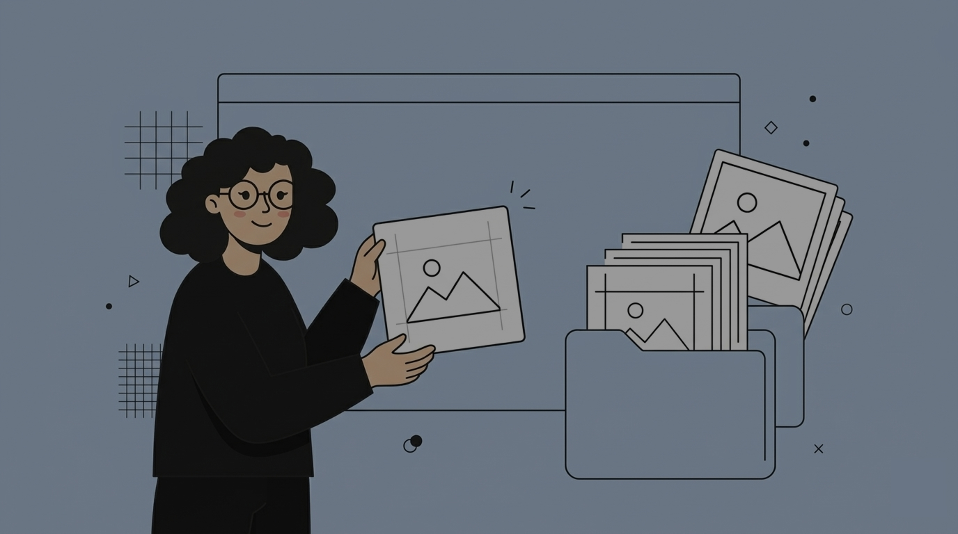 Illustration of a woman named Aracxa with curly hair and glasses organizing and holding digital image files next to a folder filled with similar images.
