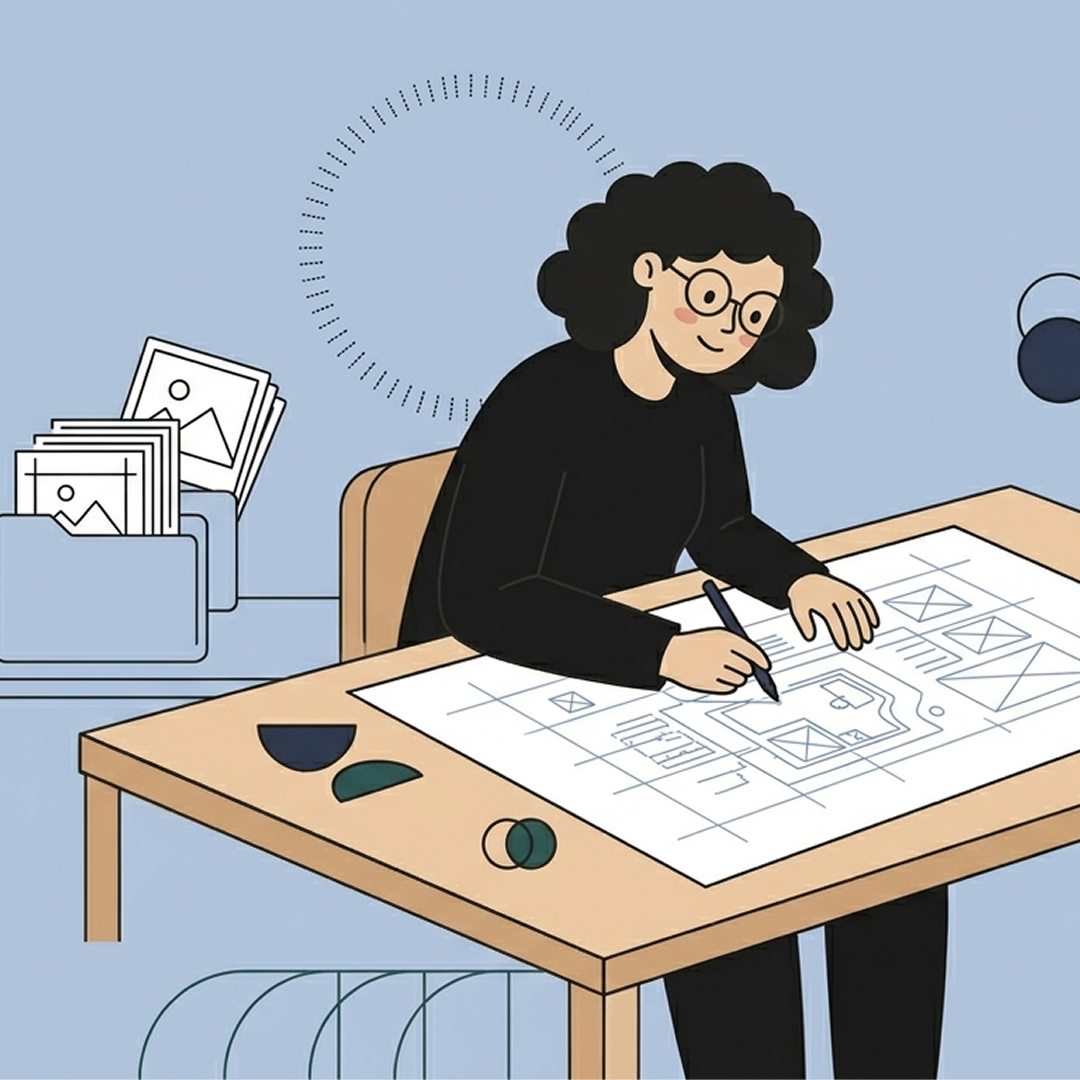 Illustration of Aracxa, a woman with curly hair and glasses, sketching website wireframes on a large piece of paper at a desk.