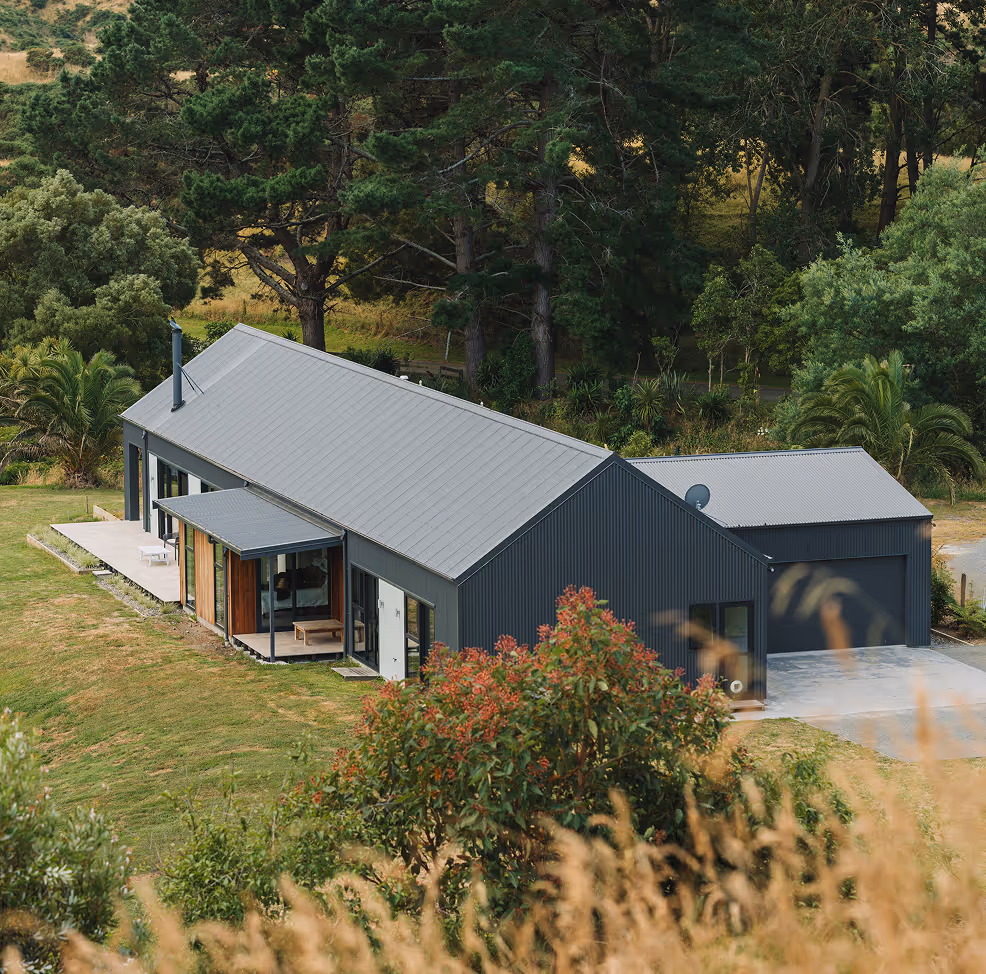 Modern single-story black house with a gray metal roof surrounded by green trees and bushes.