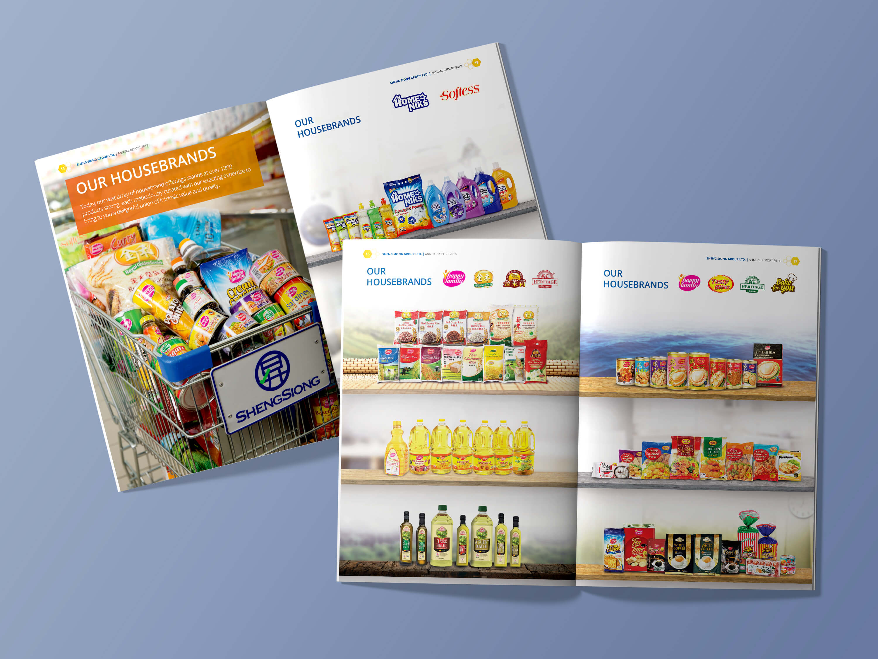 Editorial design for Sheng Siong Group — Products Spread