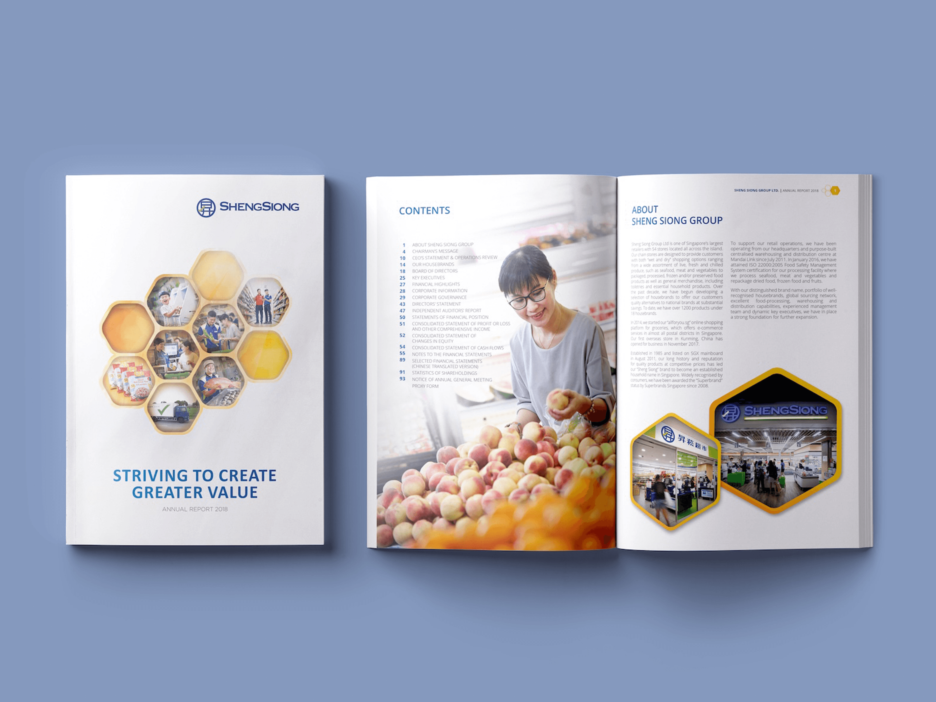Editorial design for Sheng Siong Group — Mockup Spread