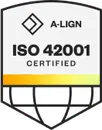 A-LIGN ISO 42001 certified badge with a globe design at the bottom.
