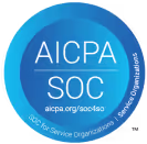 Blue circular badge with text AICPA SOC and website aicpa.org/soc4so, indicating the badge for Service Organizations.