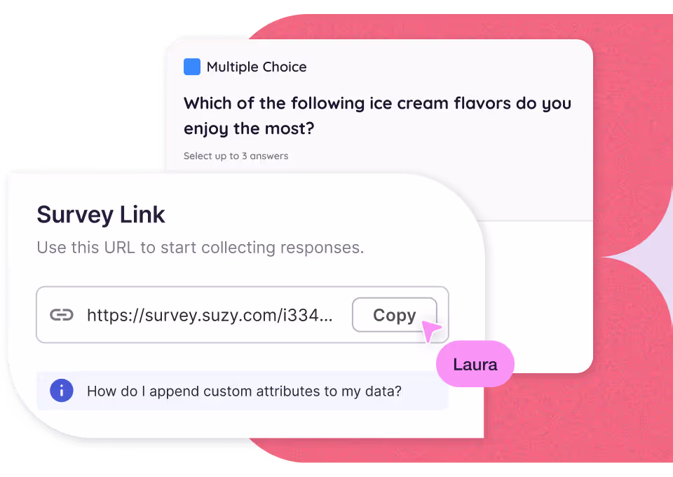 Survey interface showing a multiple-choice question about favorite ice cream flavors with a survey link URL and a copy button.
