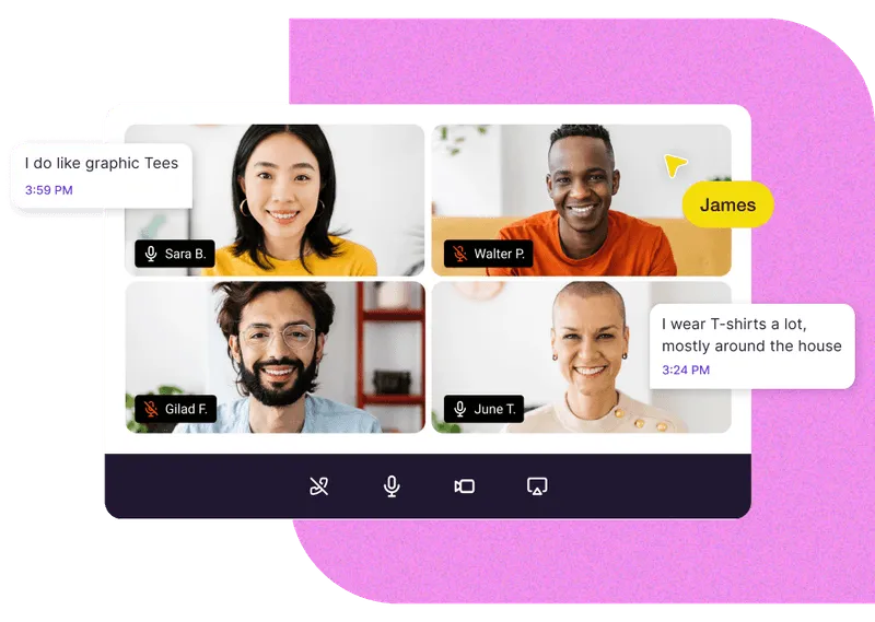 Four people in a video call with two chat bubbles: one says 'I do like graphic Tees' and the other says 'I wear T-shirts a lot, mostly around the house.'