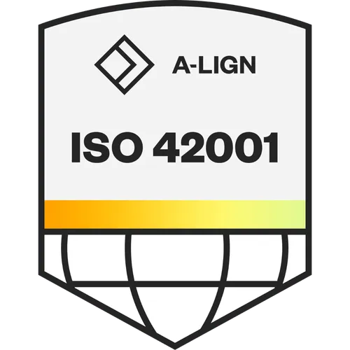 A-LIGN ISO 42001 certification badge with a yellow gradient bar and globe design.