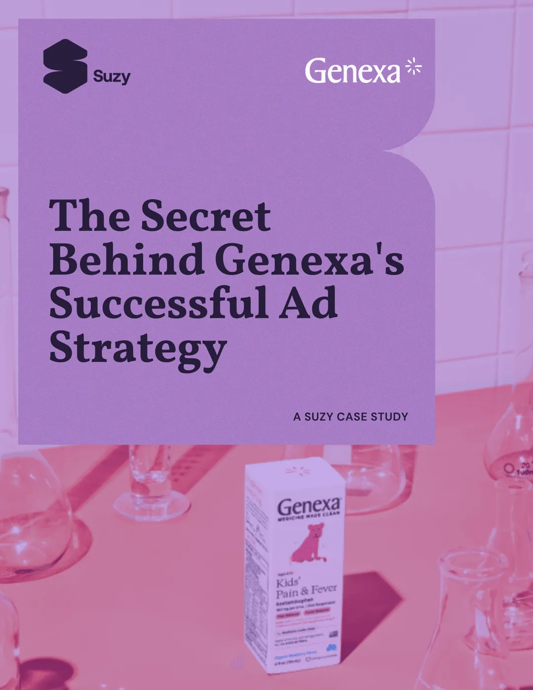 Cover page titled 'The Secret Behind Genexa's Successful Ad Strategy' featuring a Genexa Kids Pain & Fever medicine box on a pink table with laboratory glassware in the background.