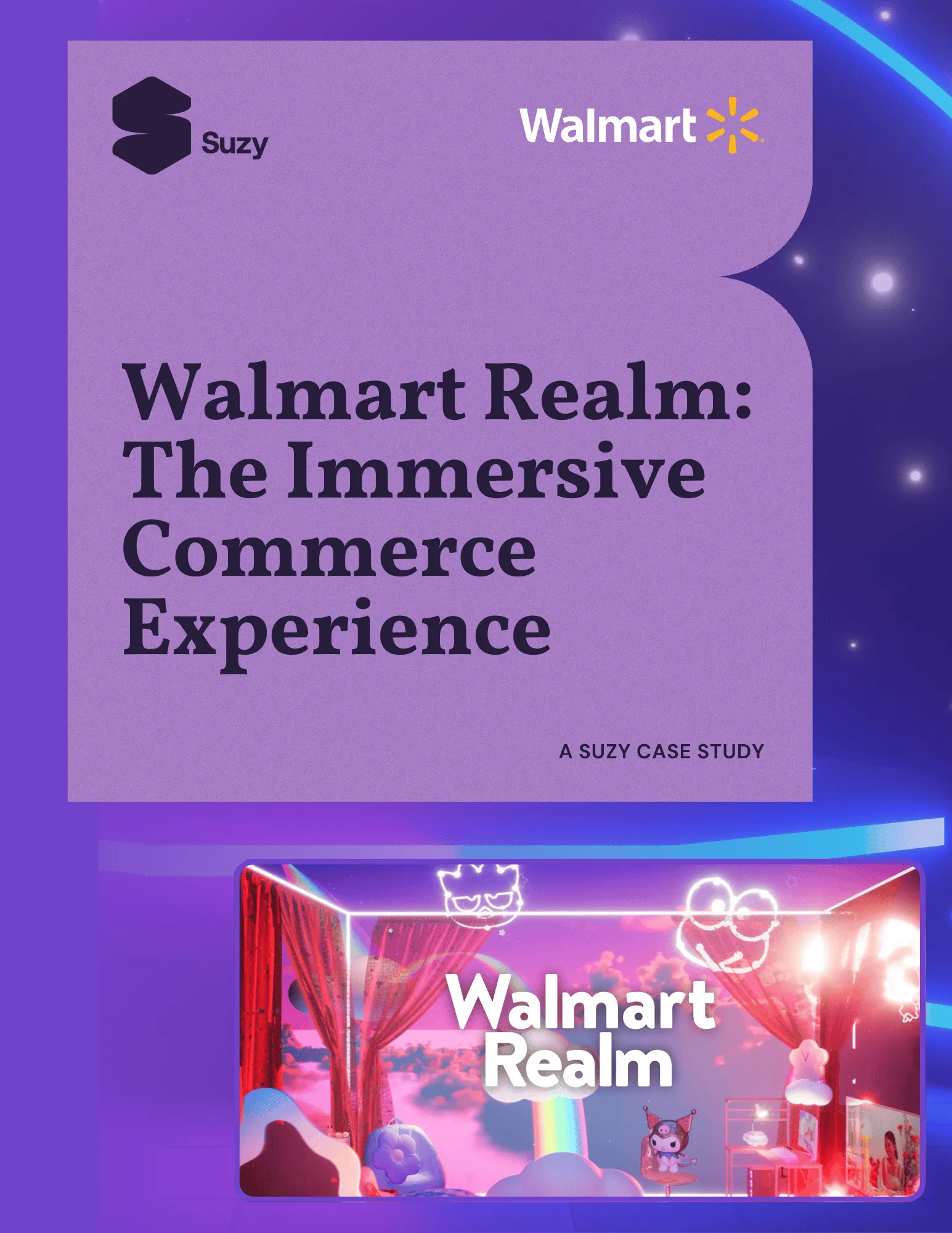 Cover page for a Suzy case study titled 'Walmart Realm: The Immersive Commerce Experience' featuring a futuristic room with neon lights and playful decorations.