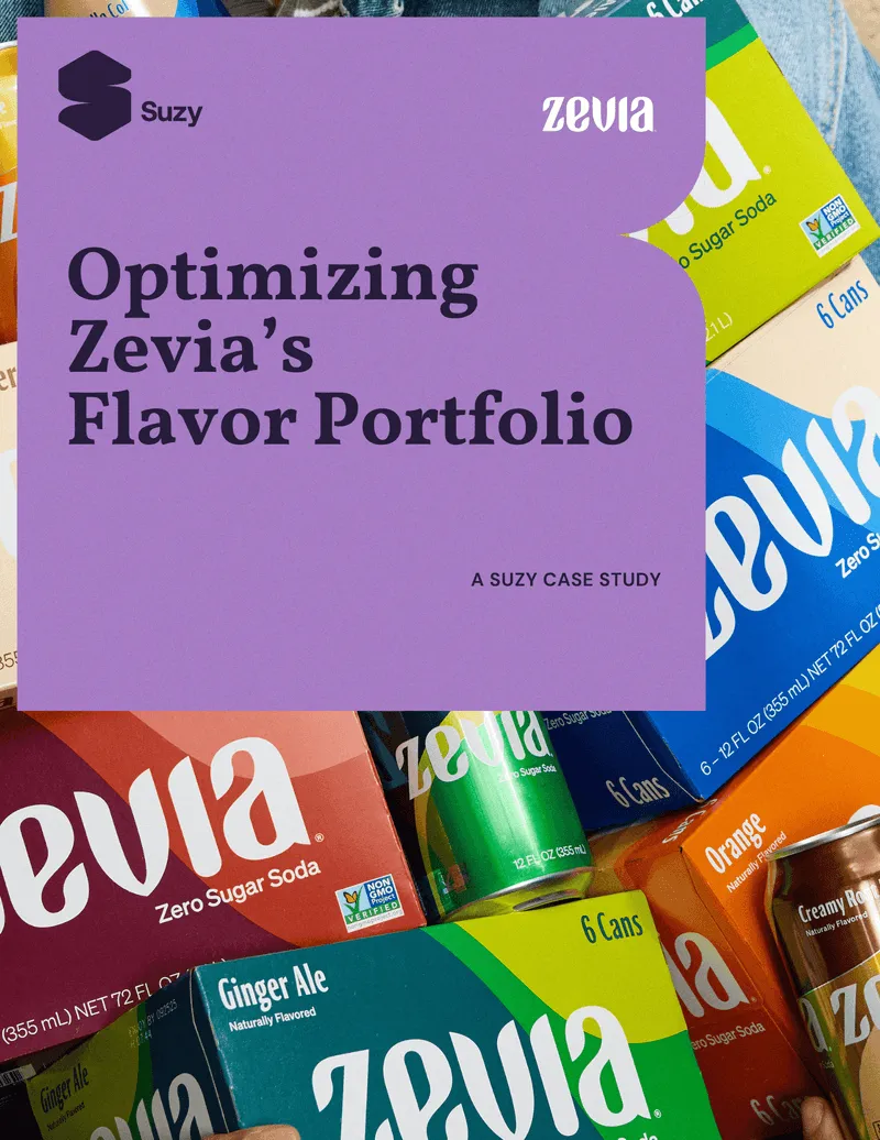 Various Zevia soda packs and cans of different flavors including ginger ale, orange, and creamy root beer with a purple overlay titled 'Optimizing Zevia’s Flavor Portfolio, A Suzy Case Study'.