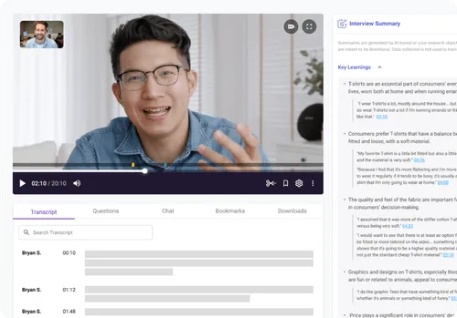 Video interview interface showing a man with glasses speaking, video play controls, transcript search, and AI-generated interview summary on T-shirt consumer preferences.