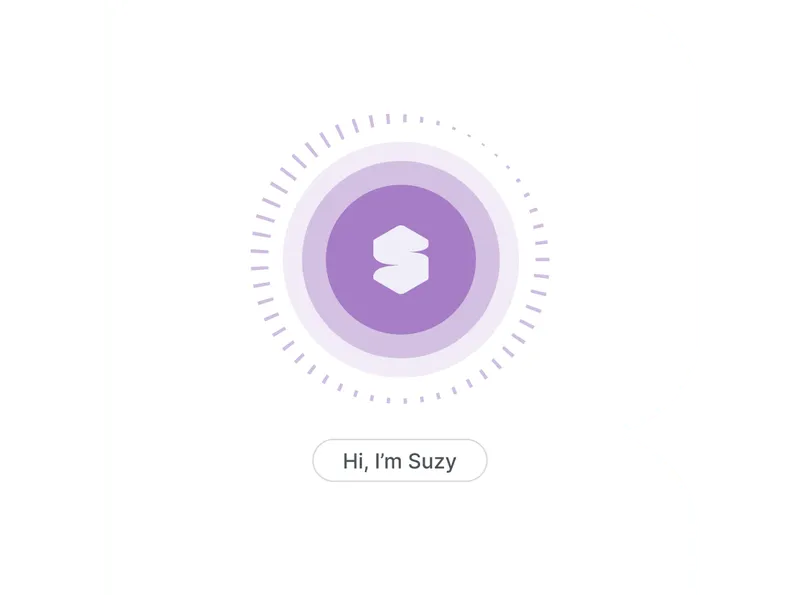 Purple circular logo with stylized 'S' above a button labeled 'Hi, I'm Suzy' on a white background.