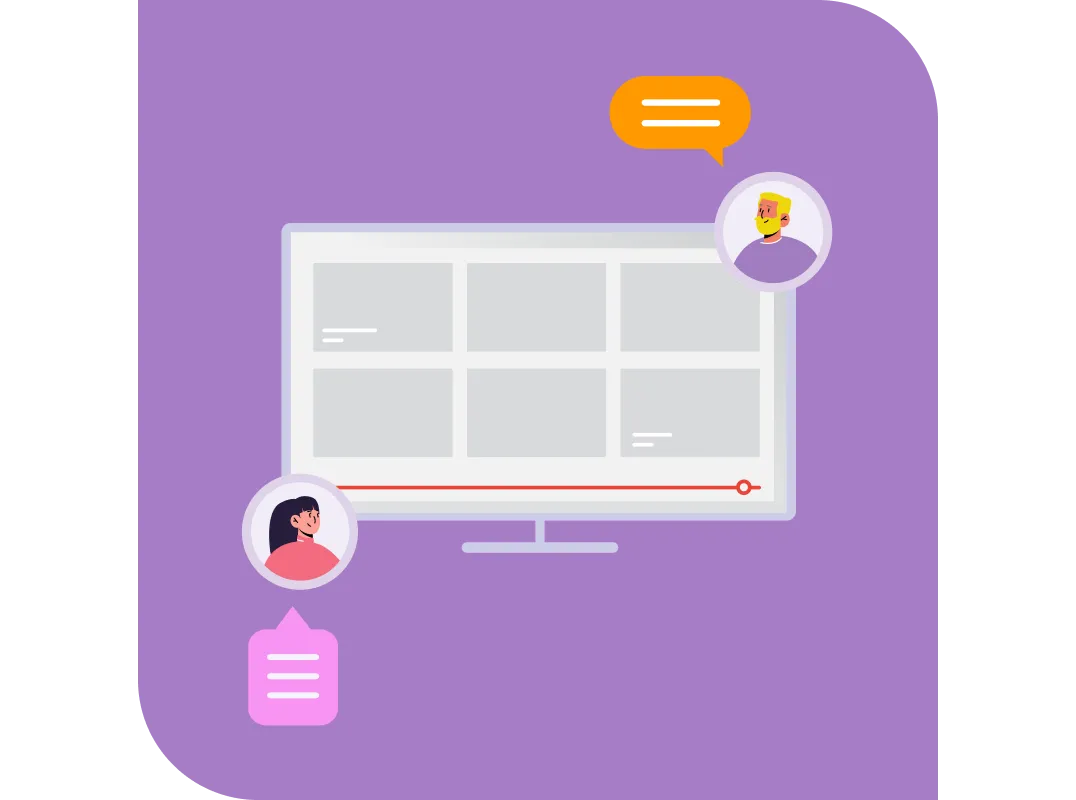 Illustration of a computer screen with six empty content blocks and two avatars with speech bubbles indicating a video call or online chat.