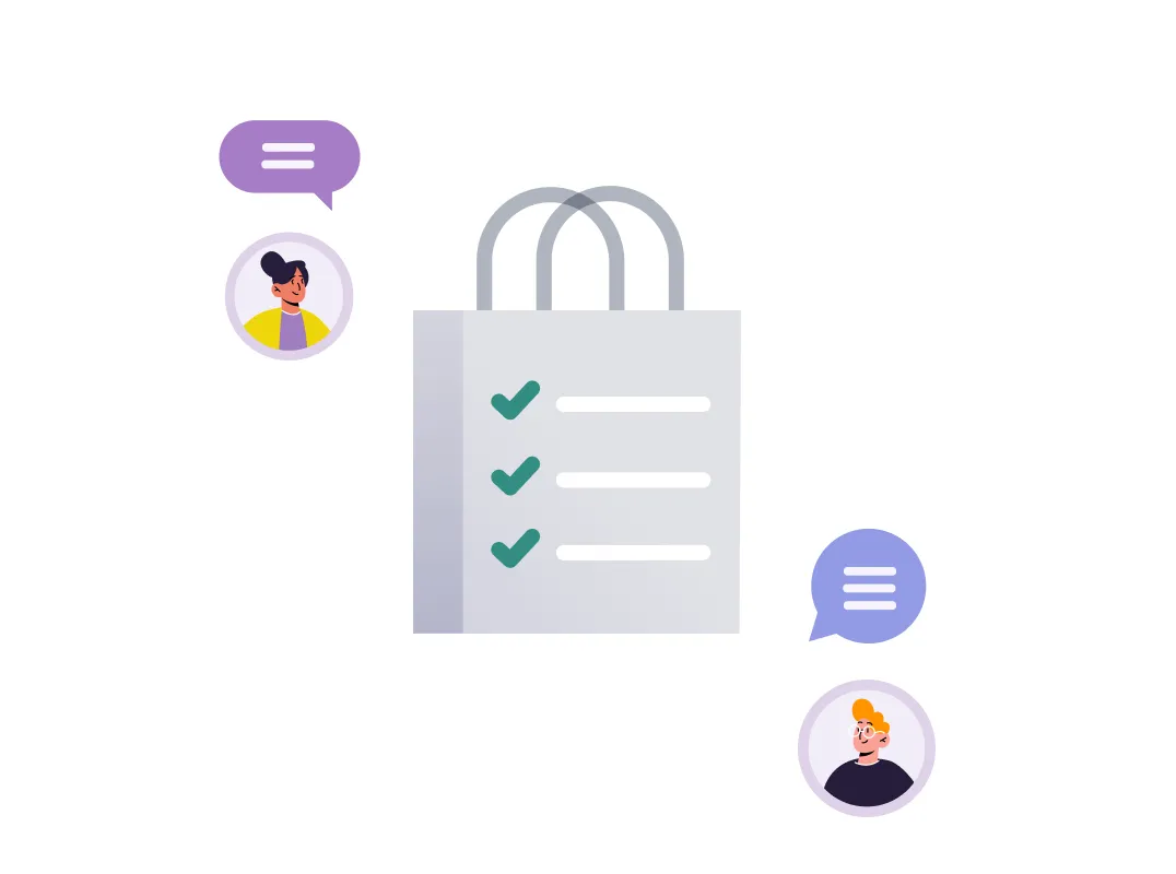 Shopping bag with three checklist items checked, flanked by cartoon avatars of a woman and a man with speech bubbles.