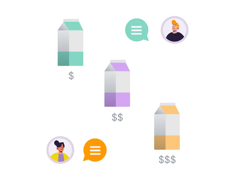 Three milk cartons in green, purple, and orange with dollar signs below them and two user avatars with chat bubbles.