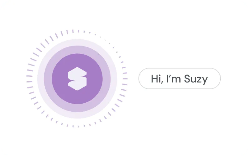 Purple circular icon with a white stylized S in the center, next to a speech bubble saying 'Hi, I'm Suzy'.