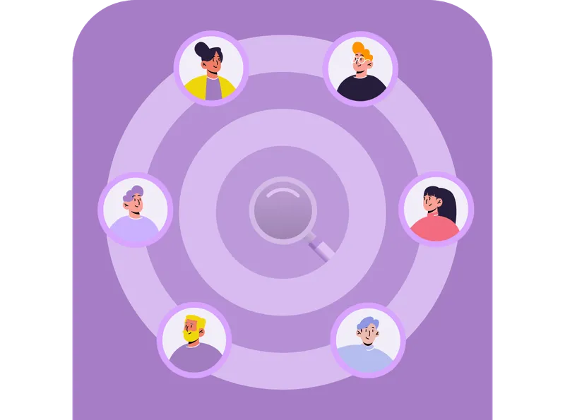 Illustration of six diverse cartoon avatars arranged in a circle around a magnifying glass on a purple background.