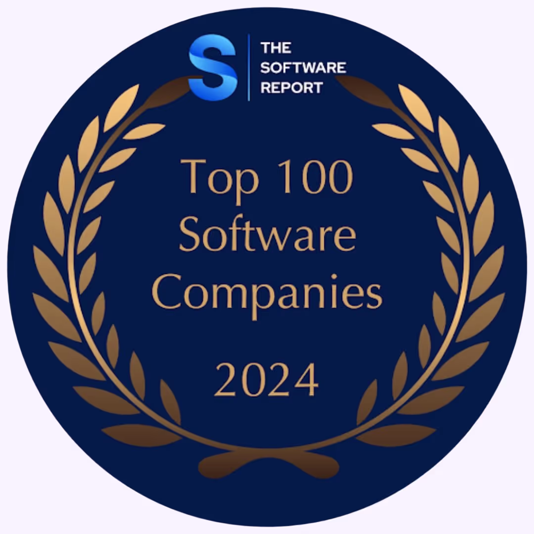 Seal with golden laurel wreath reading Top 100 Software Companies 2024 by The Software Report.