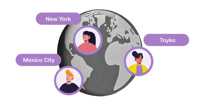 Illustration of a globe with three cartoon faces connected to locations: New York, Mexico City, and Tokyo.