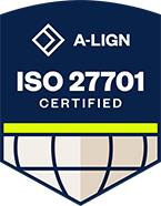 A-LIGN ISO 27701 certified badge with a globe graphic on a navy blue background.