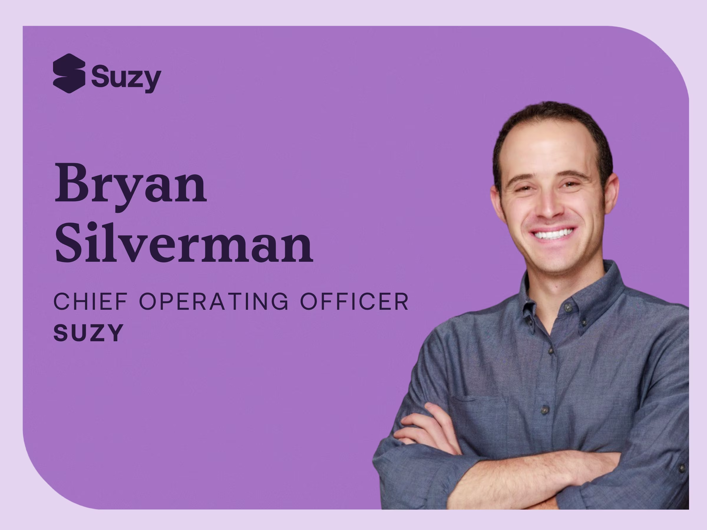 Suzy executive portrait featuring the company’s Chief Operating Officer, smiling in a professional headshot on a purple branded background