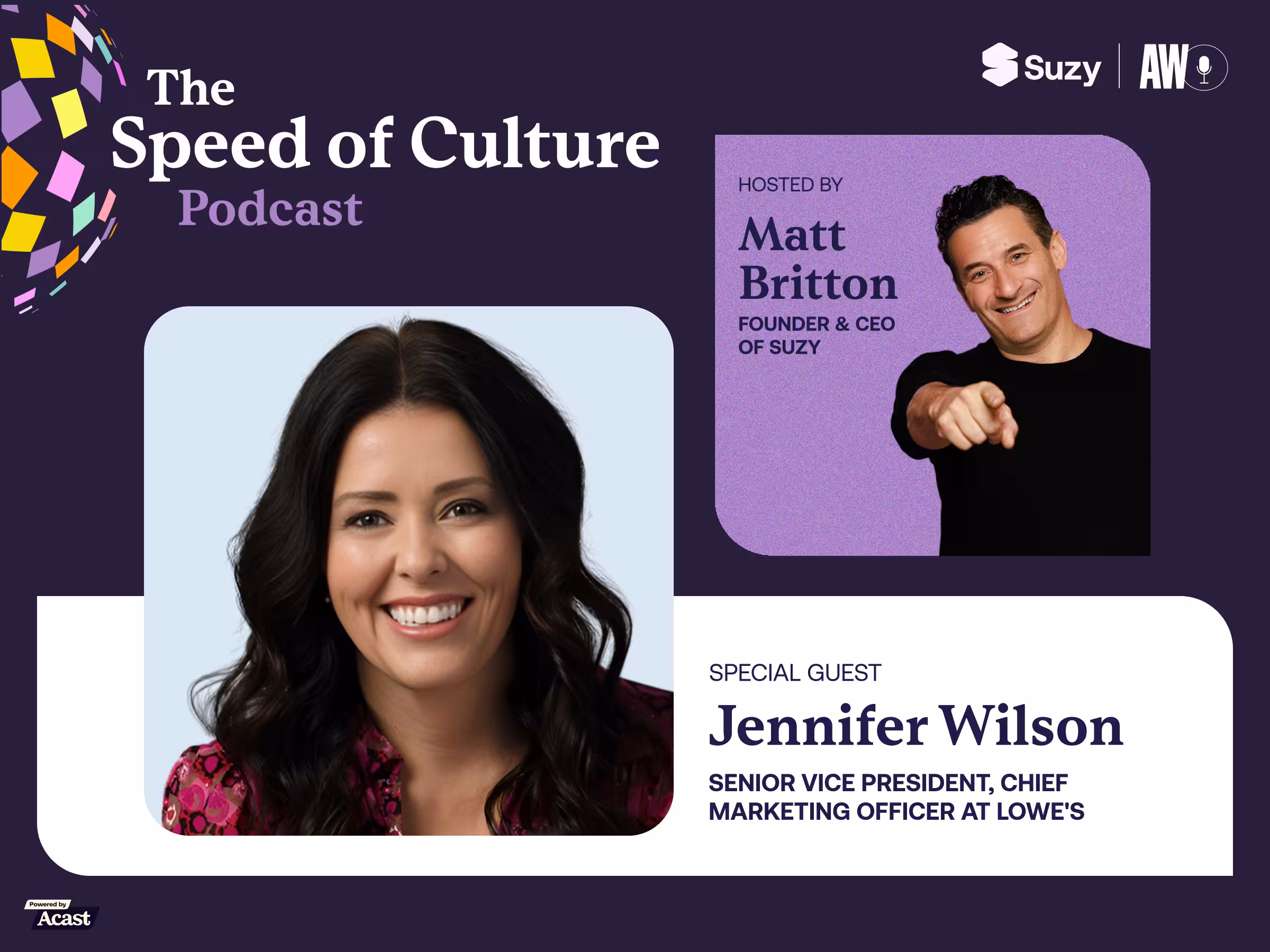 Speed of Culture podcast cover by Suzy featuring host Matt Britton, Founder and CEO of Suzy, and special guest Jennifer Wilson, Senior Vice President and Chief Marketing Officer at Lowe’s.