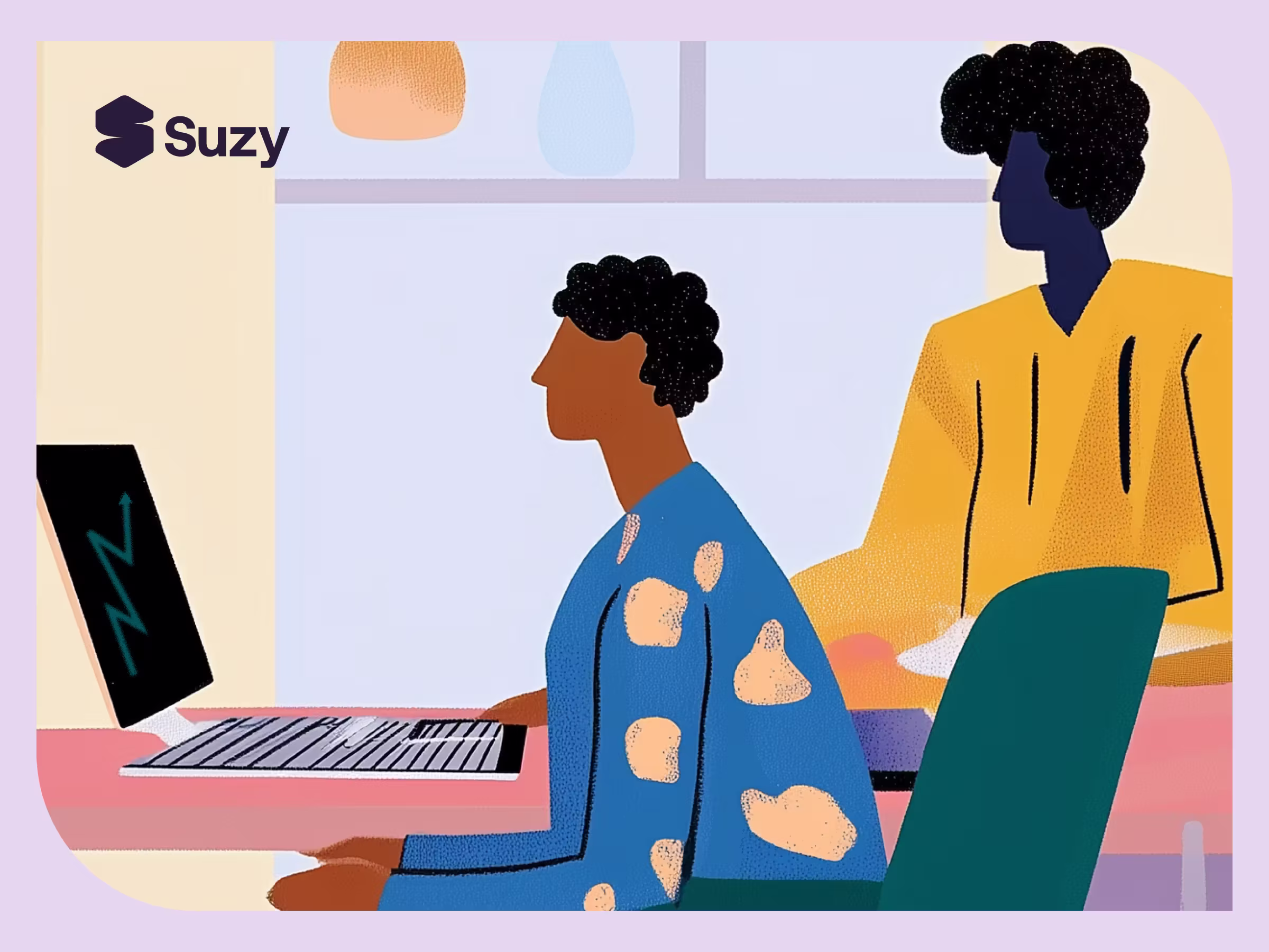 Suzy brand illustration of two colleagues analyzing data on a computer with upward trending graph, representing market research insights and growth strategy.