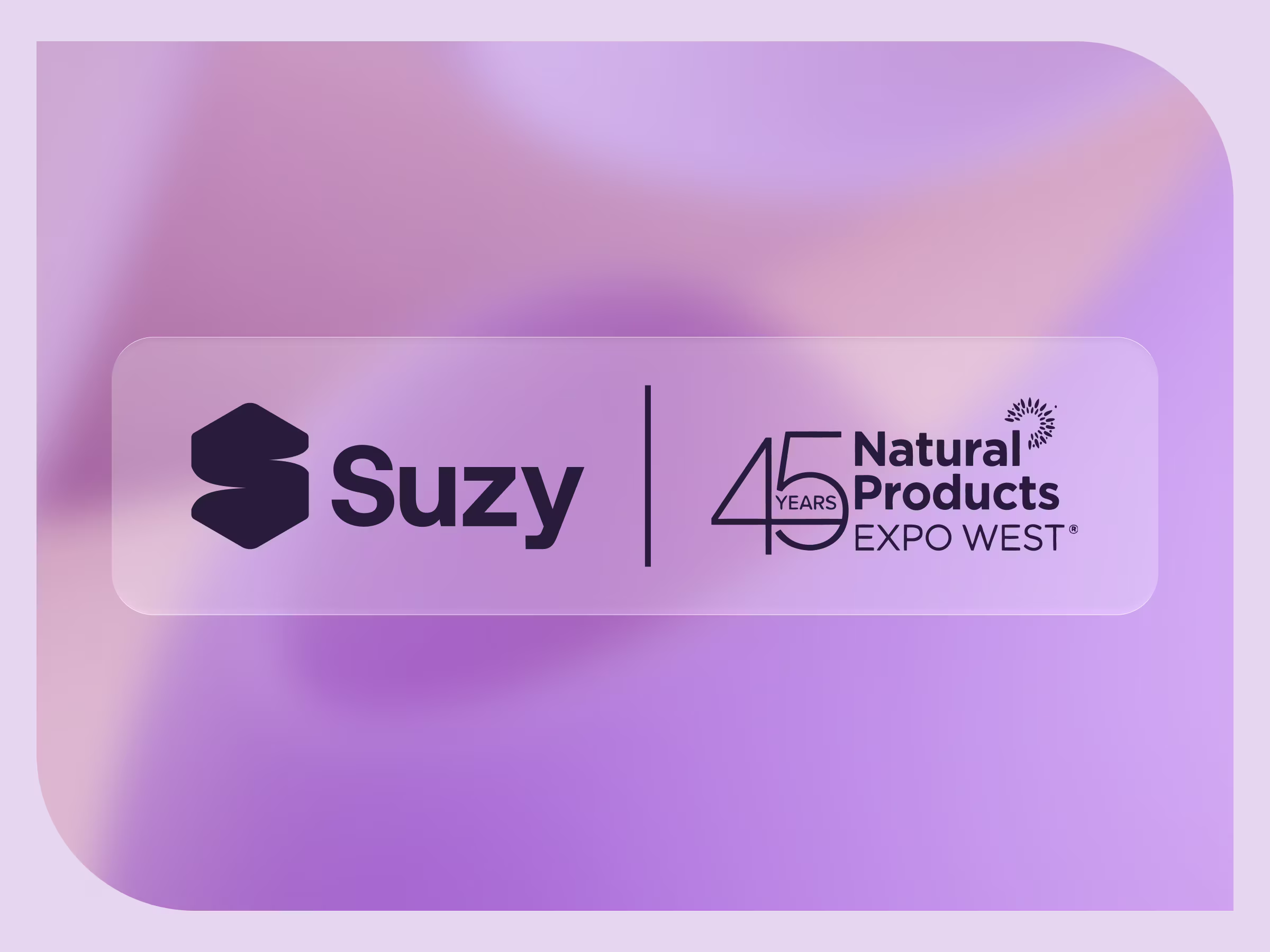 Suzy and Natural Products Expo West 45 Years co-branded logo lockup on a purple gradient background