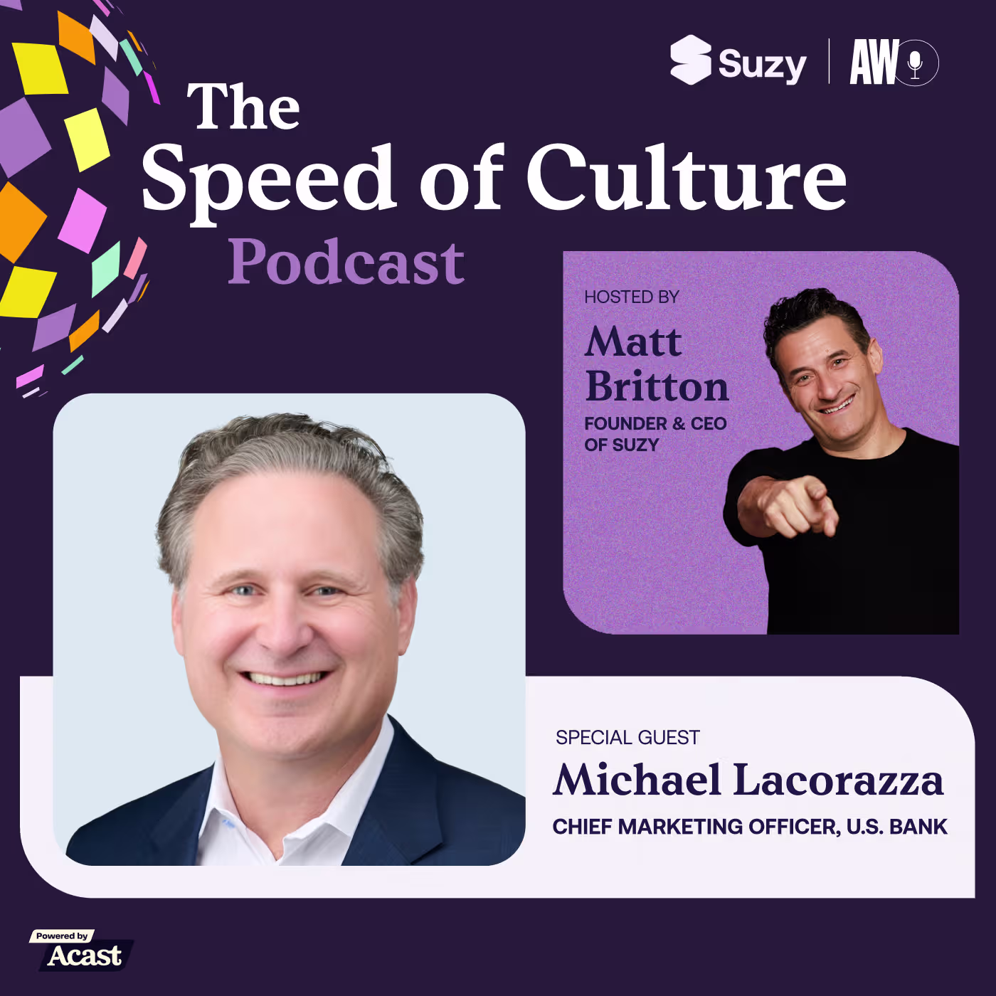The Speed of Culture Podcast episode graphic featuring host Matt Britton, Founder and CEO of Suzy, with special guest Michael Lacorazza, Chief Marketing Officer at U.S. Bank. Powered by Acast.