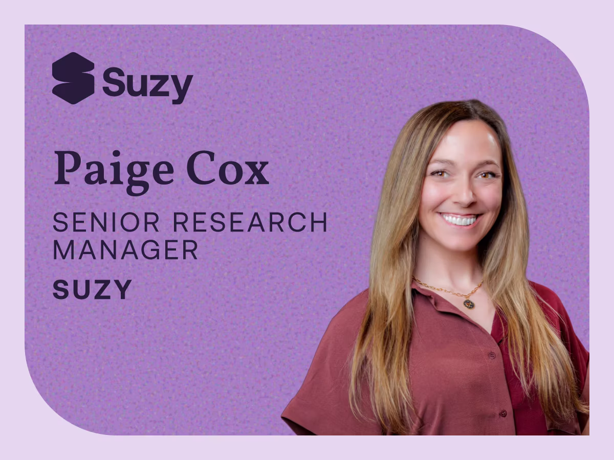 Paige Cox, Senior Research Manager at Suzy, smiling headshot on a purple background with the Suzy logo