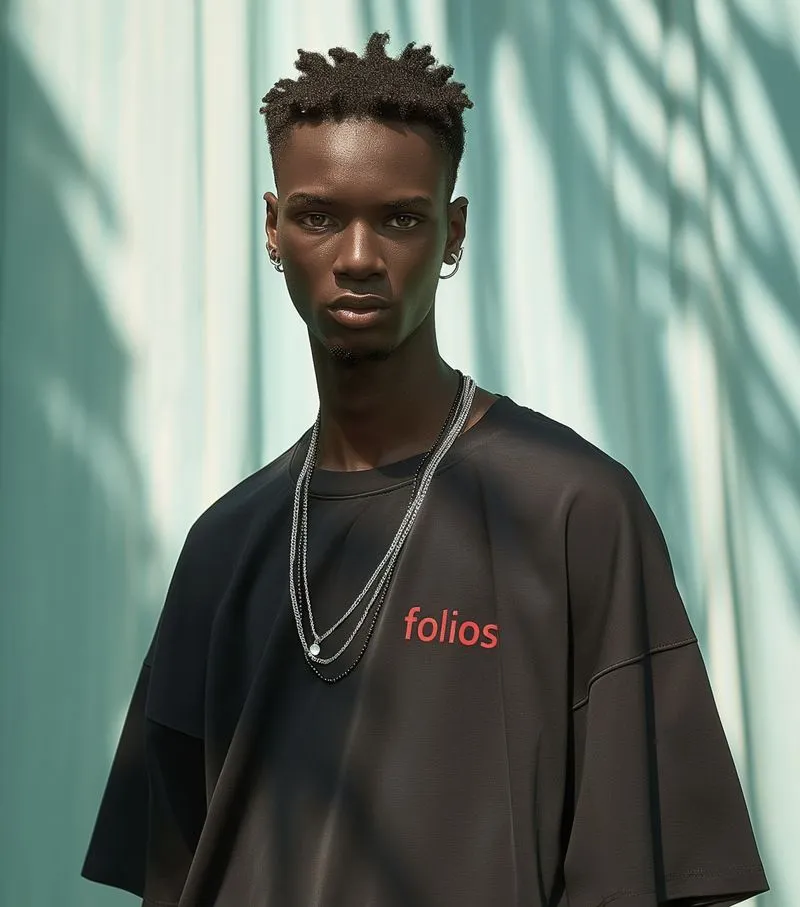 A man with a necklace and a t - shirt on.