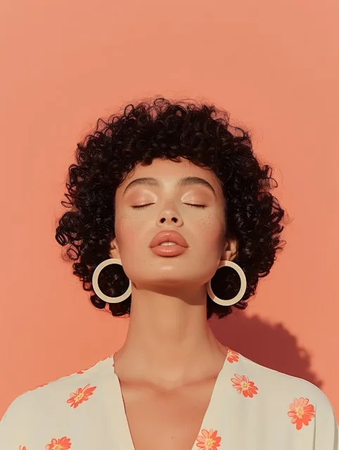 A woman with her eyes closed wearing large hoop earrings.