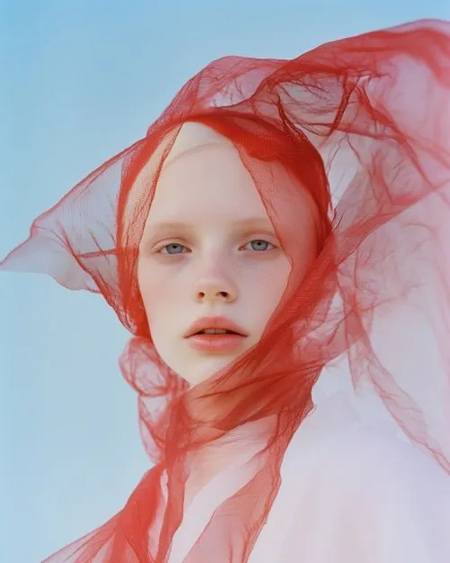 A woman with a red veil on her head.