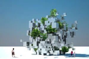 Rendering of a cluster of white cubes with trees growing between them