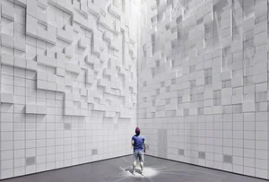 Interior room clad in pixelated white cube relief with a figure walking through