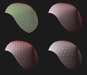 Four wireframe studies of the same curved surface at increasing mesh densities