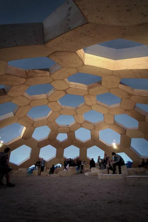 Timber honeycomb dome with hexagonal openings above visitors