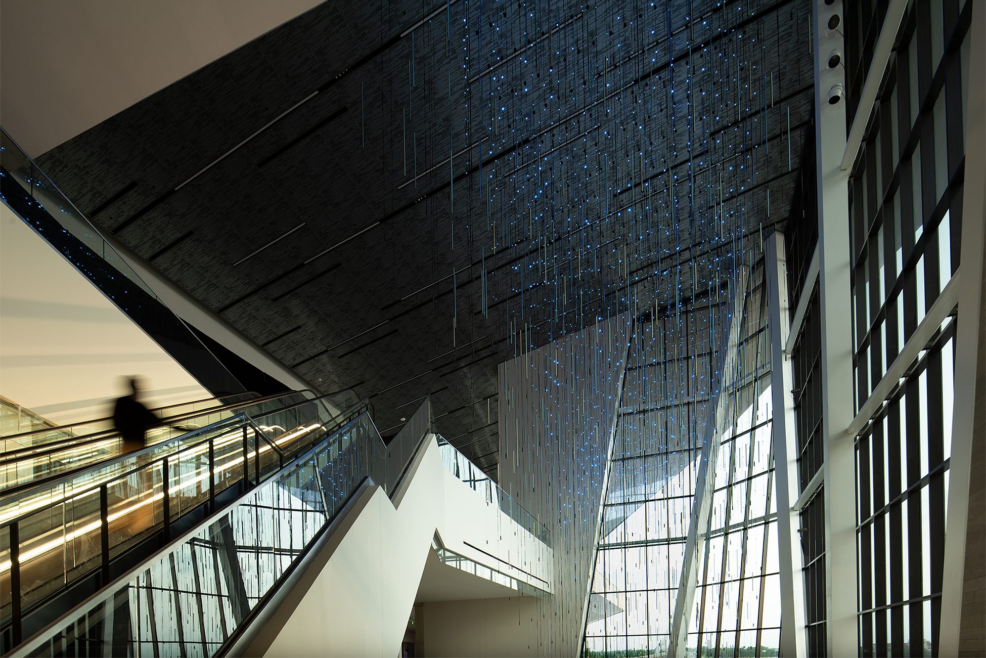 The Virtual Sky LED canopy above the escalators in the convention centre atrium