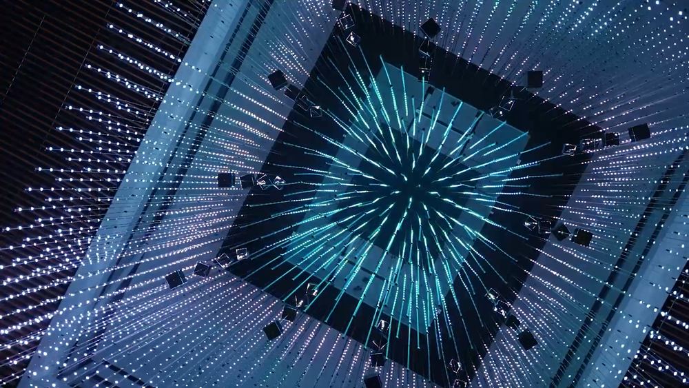 Looking up into the Strauch Hypercube as light radiates through the LED strand array