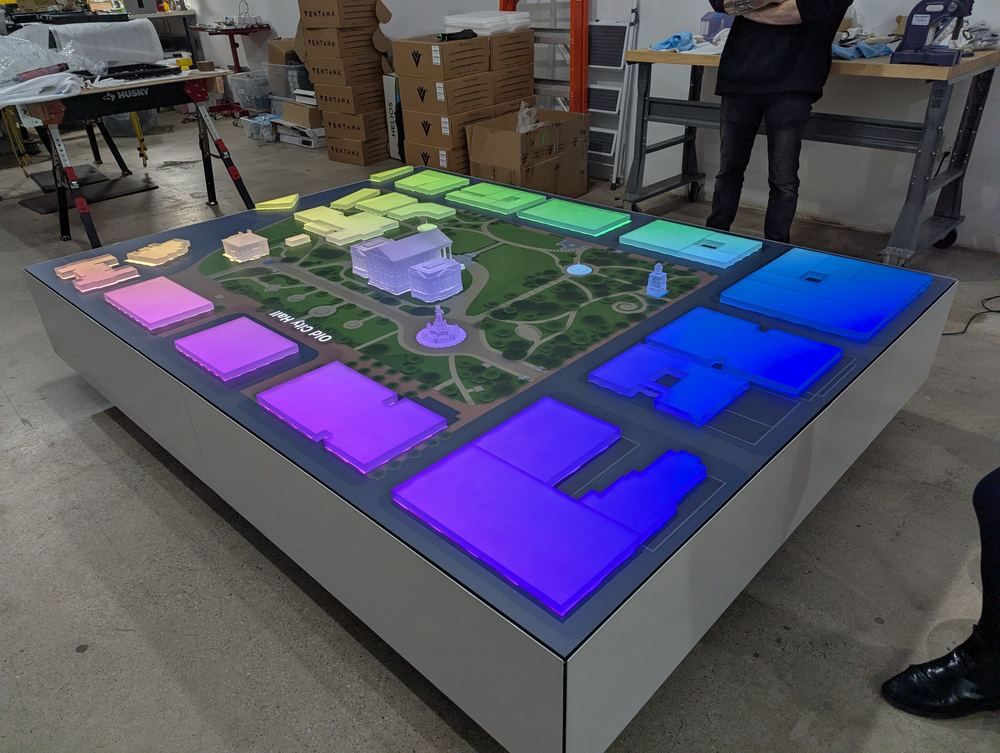 The Virginia Capitol LED table lit in full colour during workshop testing
