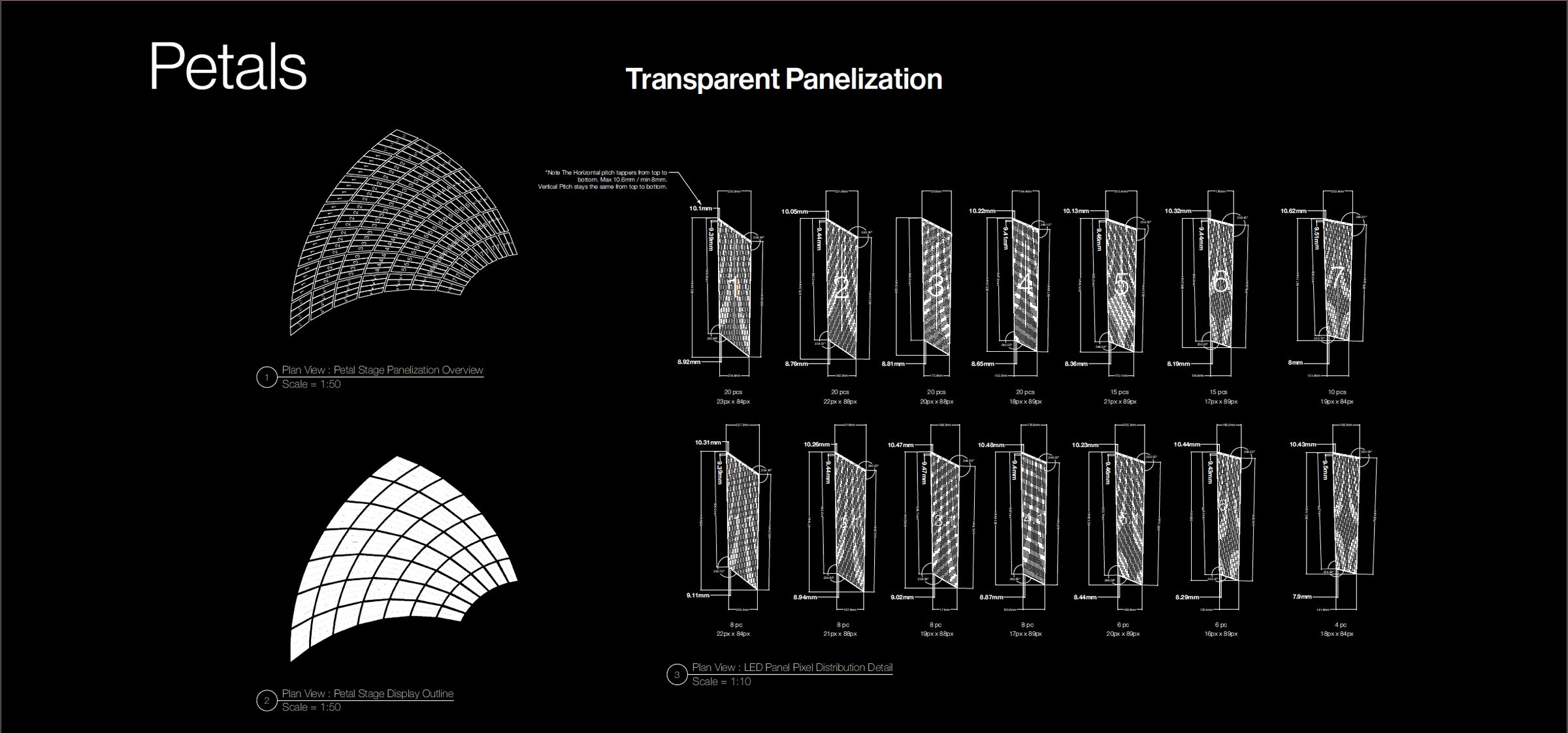 Petals panelization drawing showing the curved transparent LED panel layout in plan and elevation