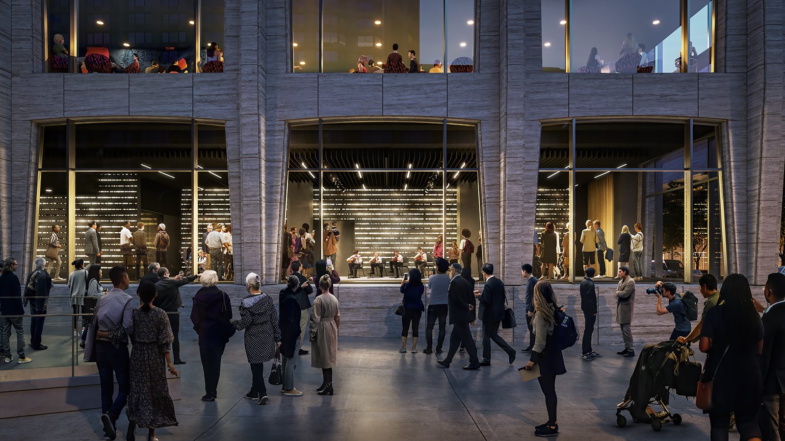 Lincoln Center at night, glass facade lit violet above the street corner